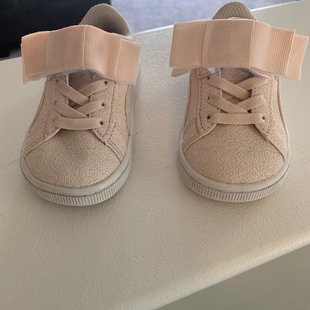 Pink Glitter Pumas with Ribbon